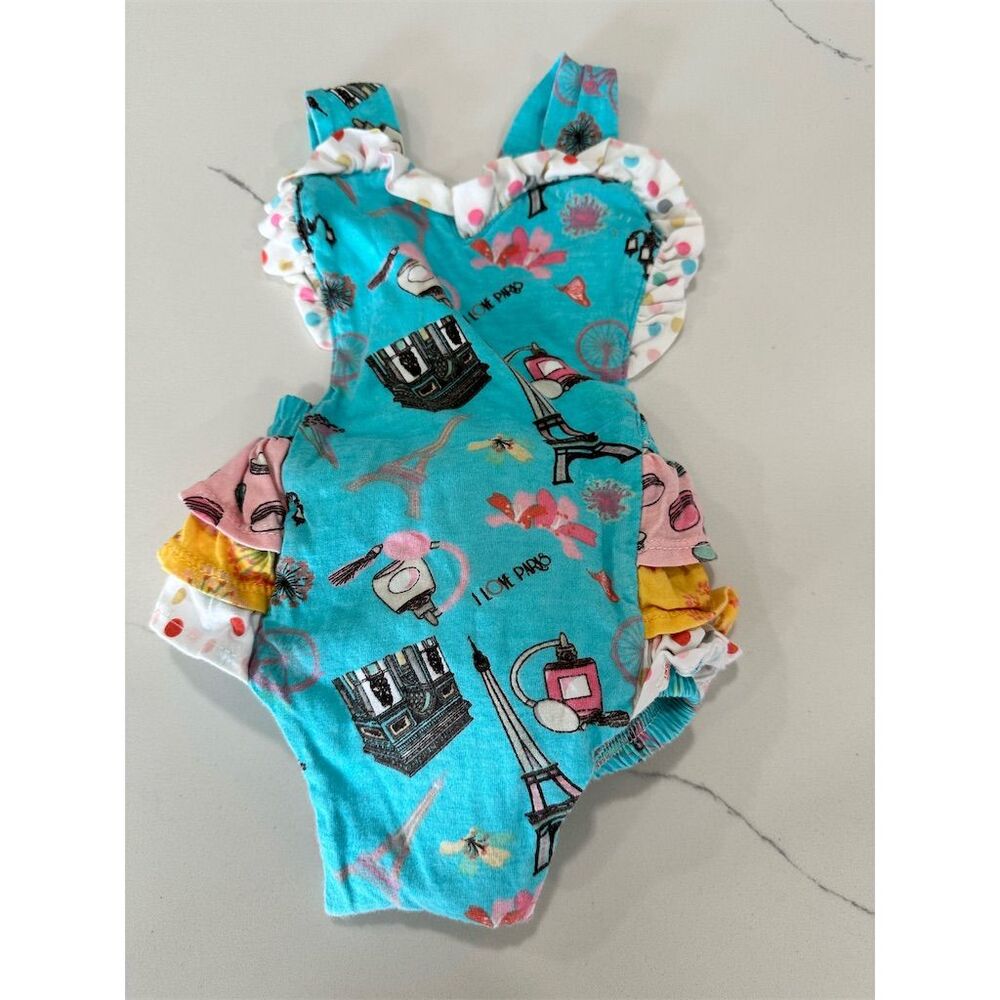 Jelly the Pug Baby Girl Blue Paris Theme Ruffled Romper‎ Sleeveless 6 mos Baby